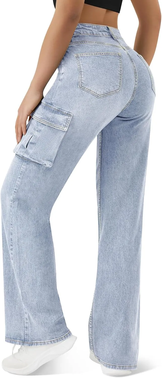 Women High Waisted Cargo Jean for Women with 6 Pockets Straight Wide Leg Jean Casual Baggy Pants