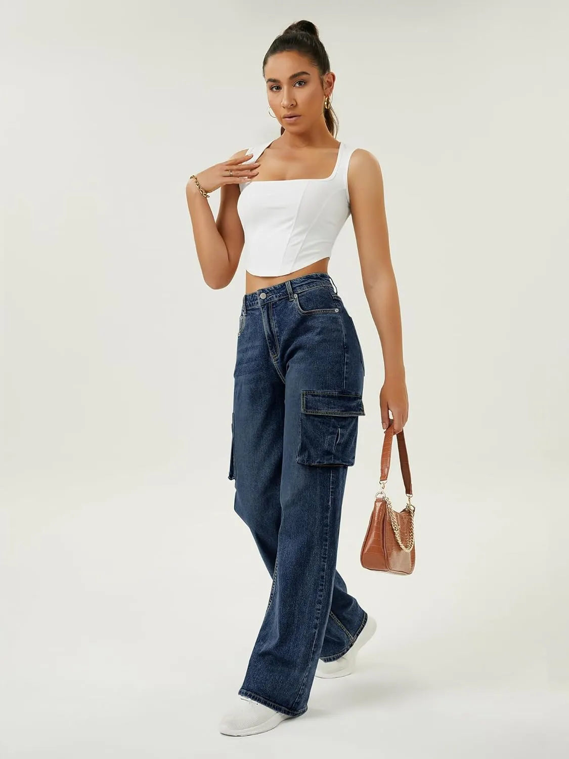 Women High Waisted Cargo Jean for Women with 6 Pockets Straight Wide Leg Jean Casual Baggy Pants