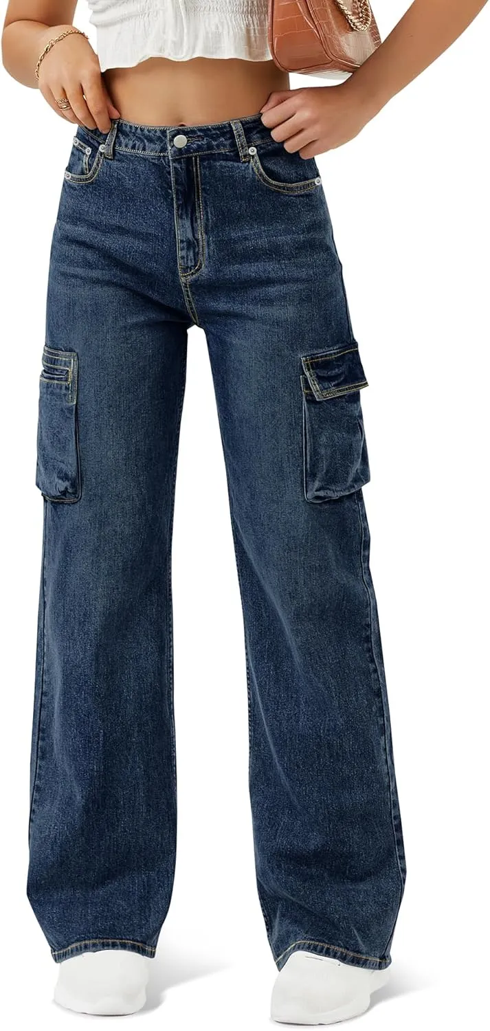 Women High Waisted Cargo Jean for Women with 6 Pockets Straight Wide Leg Jean Casual Baggy Pants