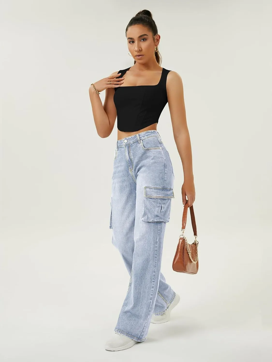 Women High Waisted Cargo Jean for Women with 6 Pockets Straight Wide Leg Jean Casual Baggy Pants