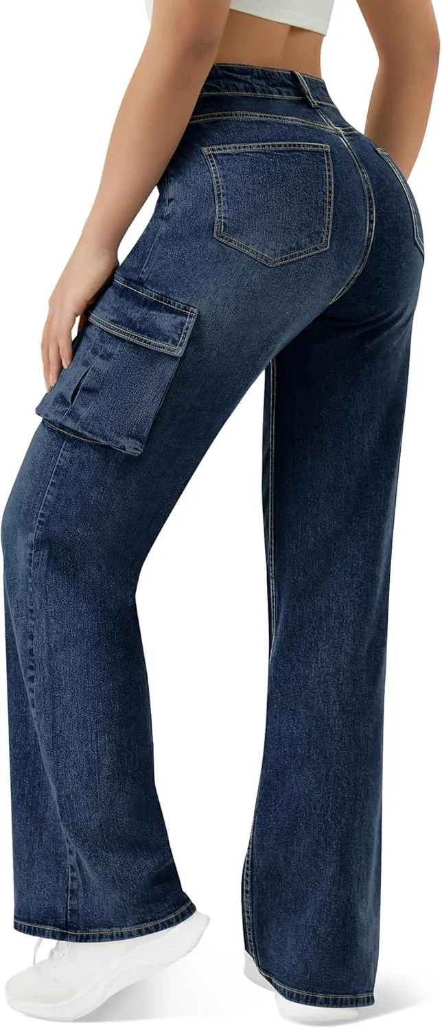Women High Waisted Cargo Jean for Women with 6 Pockets Straight Wide Leg Jean Casual Baggy Pants