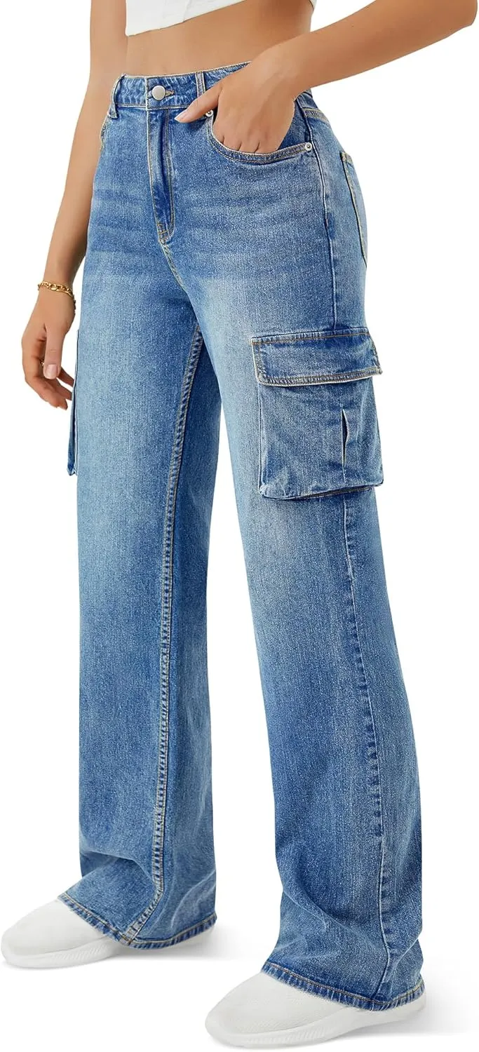 Women High Waisted Cargo Jean for Women with 6 Pockets Straight Wide Leg Jean Casual Baggy Pants
