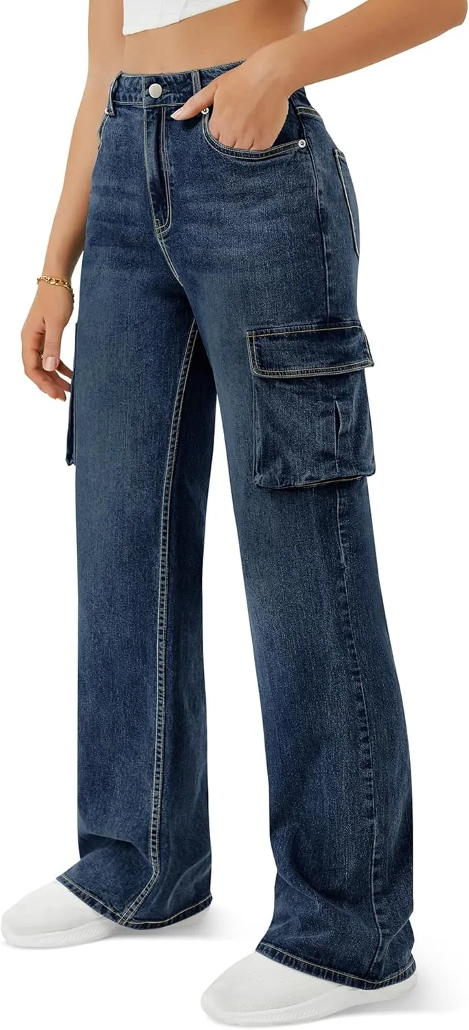 Women High Waisted Cargo Jean for Women with 6 Pockets Straight Wide Leg Jean Casual Baggy Pants