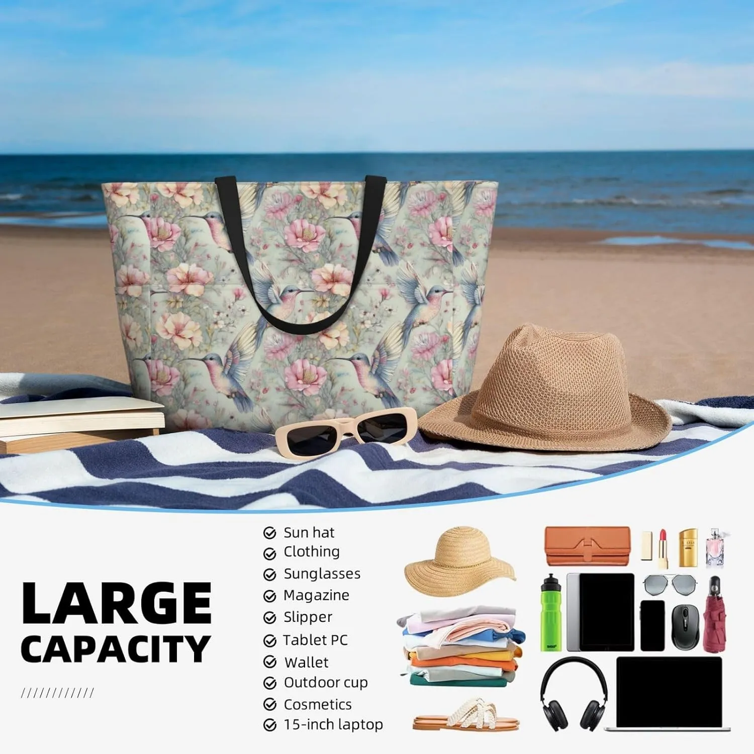 Women Large Beach Bag Travel Weekender Foldable Tote Bag for Pool Beach Vacation Gym
