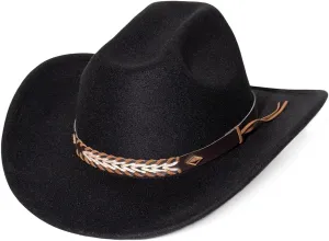 Women Men Fashion Wide Brim Teardrop Crown Felt Western Cowboy Cowgirl Hat with Silver Studs Leather Hat Band