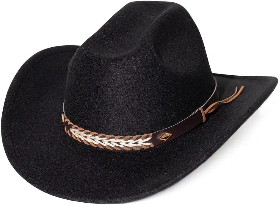 Women Men Fashion Wide Brim Teardrop Crown Felt Western Cowboy Cowgirl Hat with Silver Studs Leather Hat Band