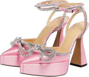 Women Platform Pumps Rhinestone Double Bow Chunky Heeled Sandals Crystal Embellished Ankle Strap Buckle Shoes Satin Pointed Toe Pumps Tapered Block Heel Dress Shoes for Women