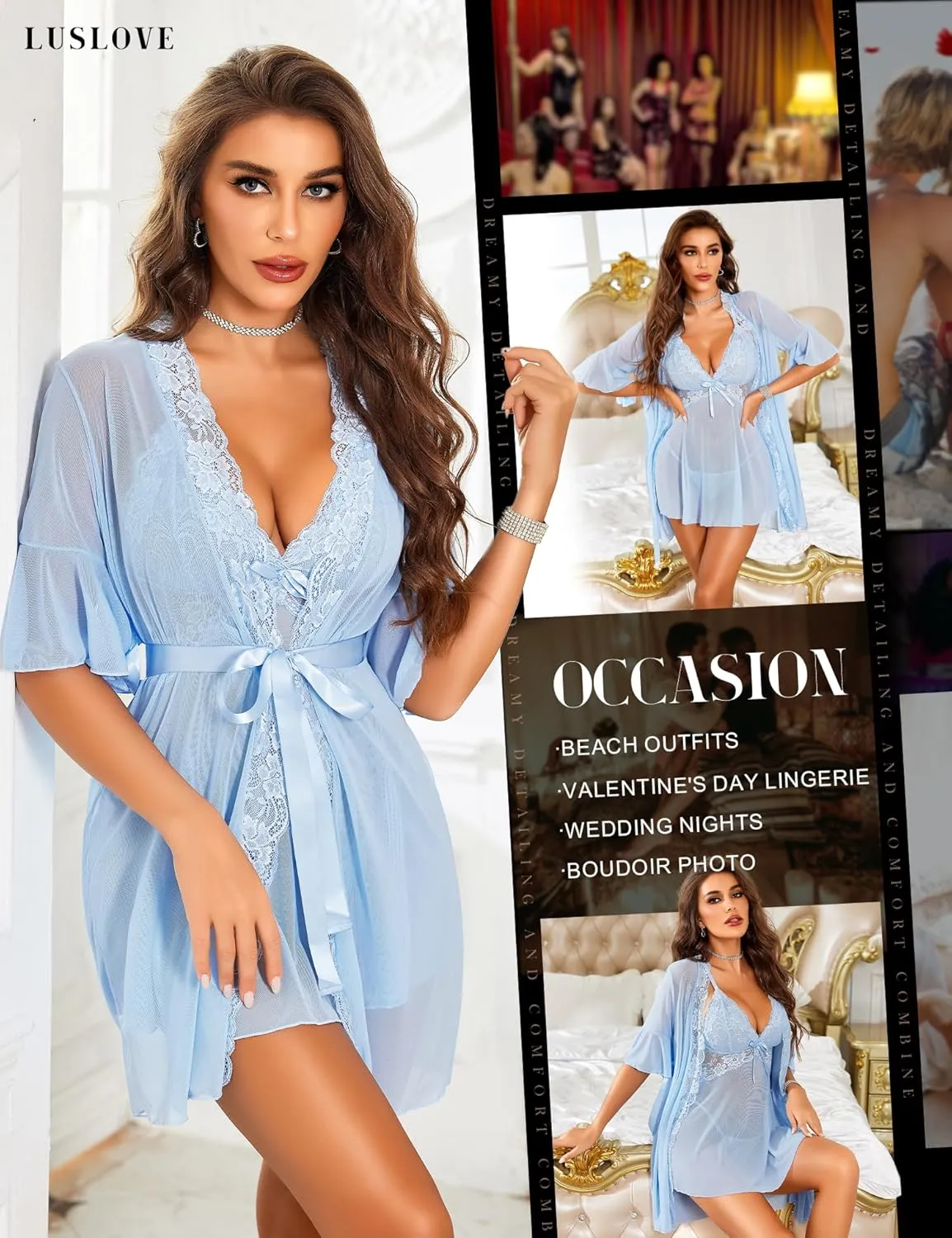 Women Sexy Lingerie Set 3 Piece Babydoll & Lace Kimono Robe Strap Chemise Nightgown Mesh Sleepwear