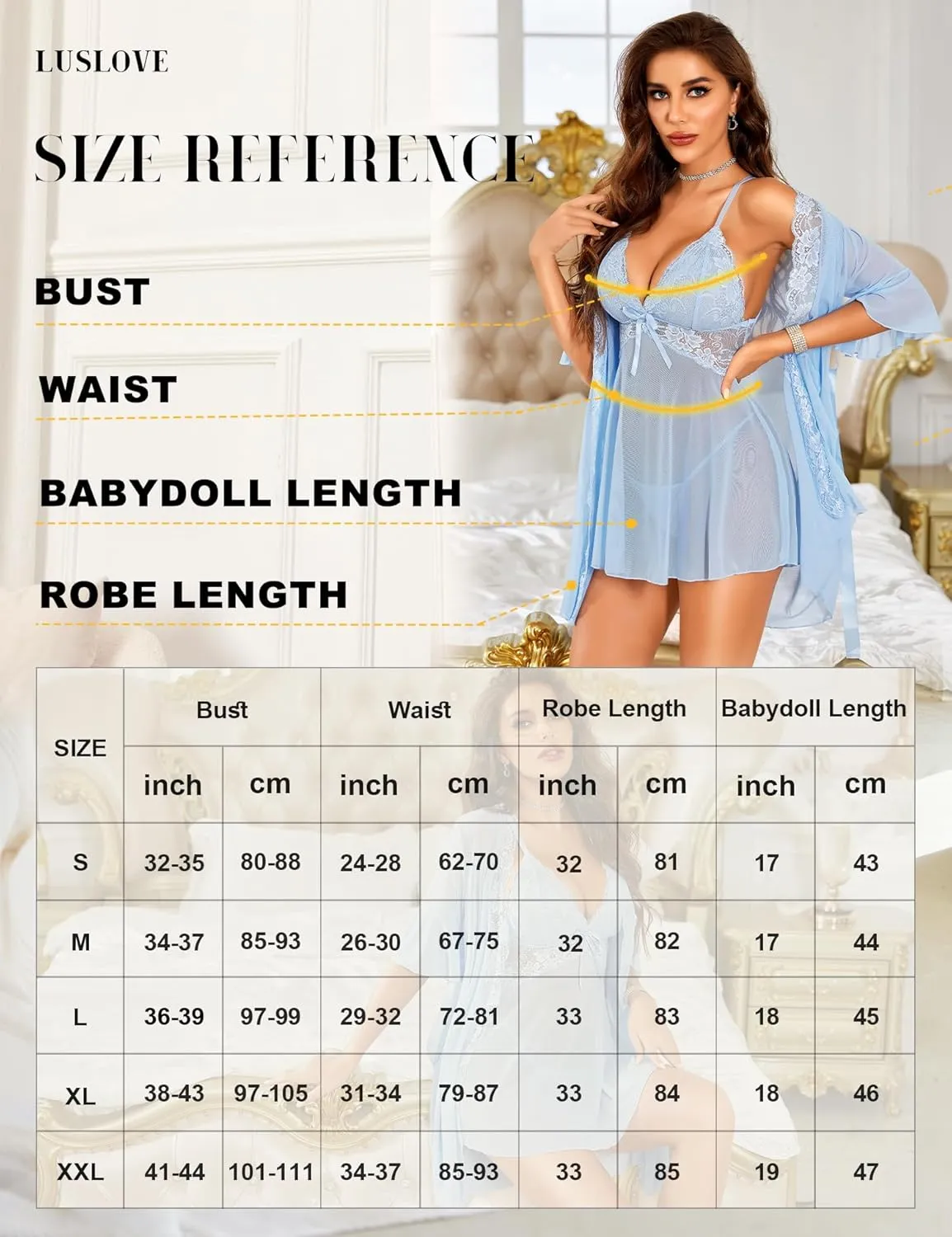 Women Sexy Lingerie Set 3 Piece Babydoll & Lace Kimono Robe Strap Chemise Nightgown Mesh Sleepwear