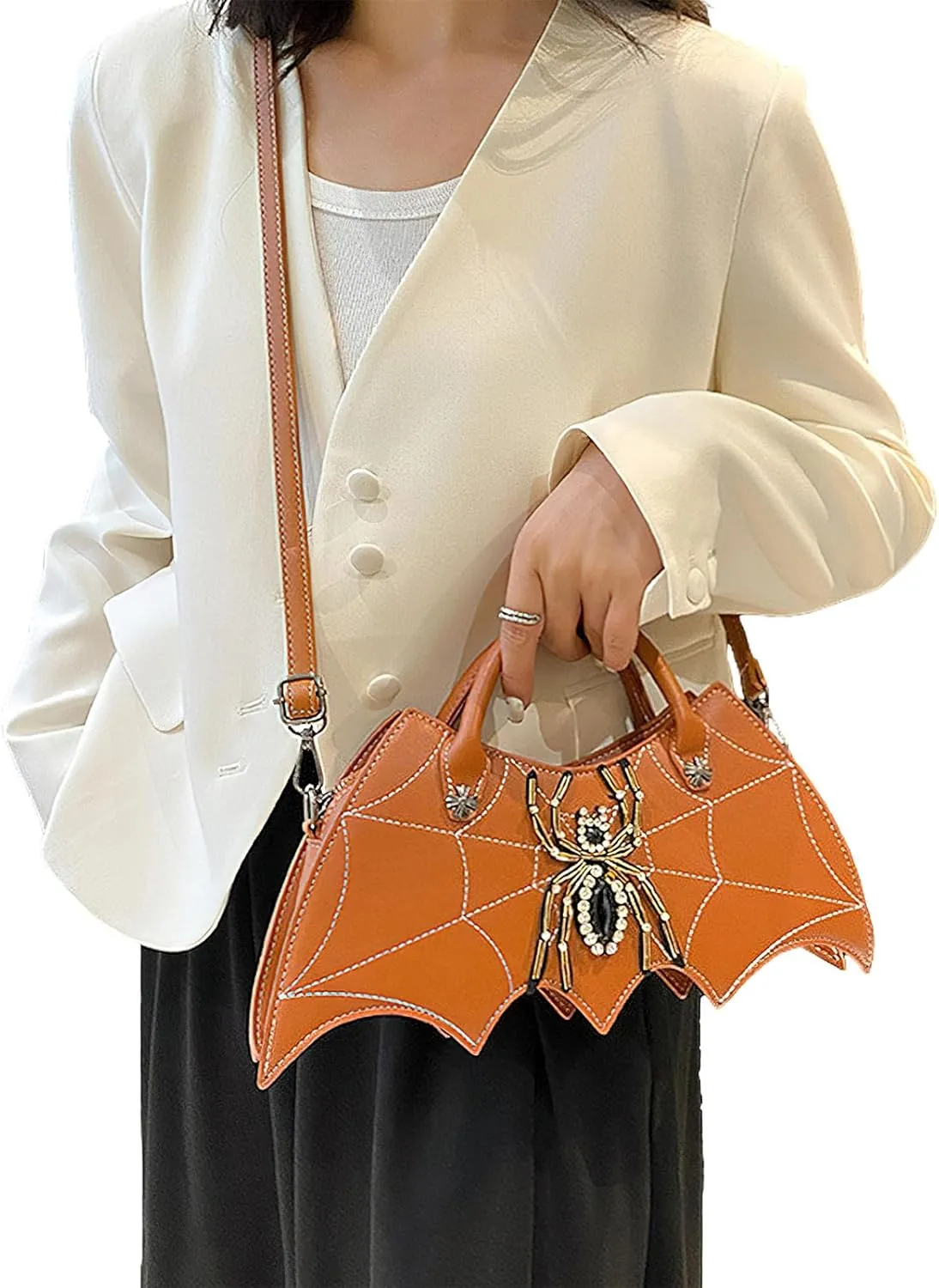 Women Spider Web Purse Novelty Bat Wing Shoulder Bag Unique Halloween Crossbody Bag PU Leather Horror Goth Hangbag