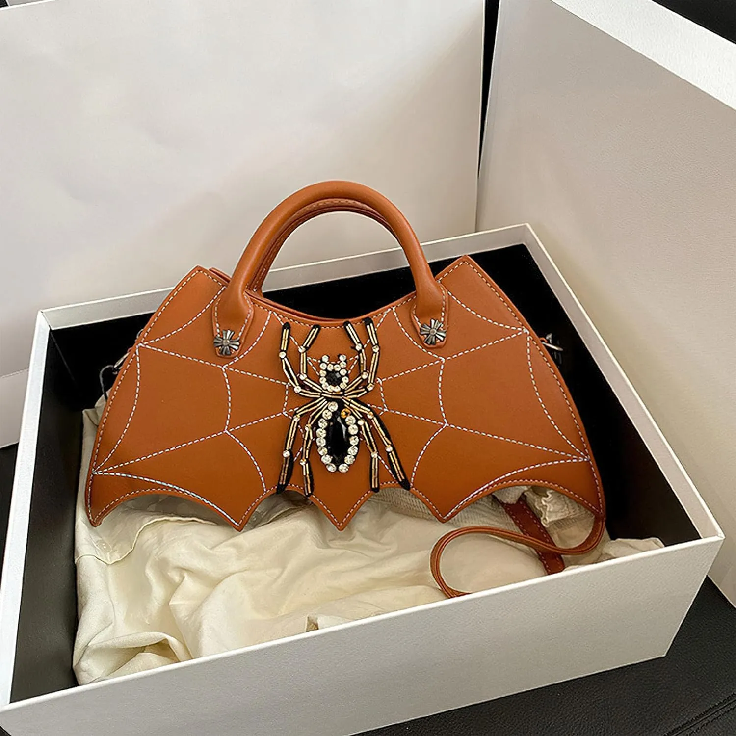 Women Spider Web Purse Novelty Bat Wing Shoulder Bag Unique Halloween Crossbody Bag PU Leather Horror Goth Hangbag