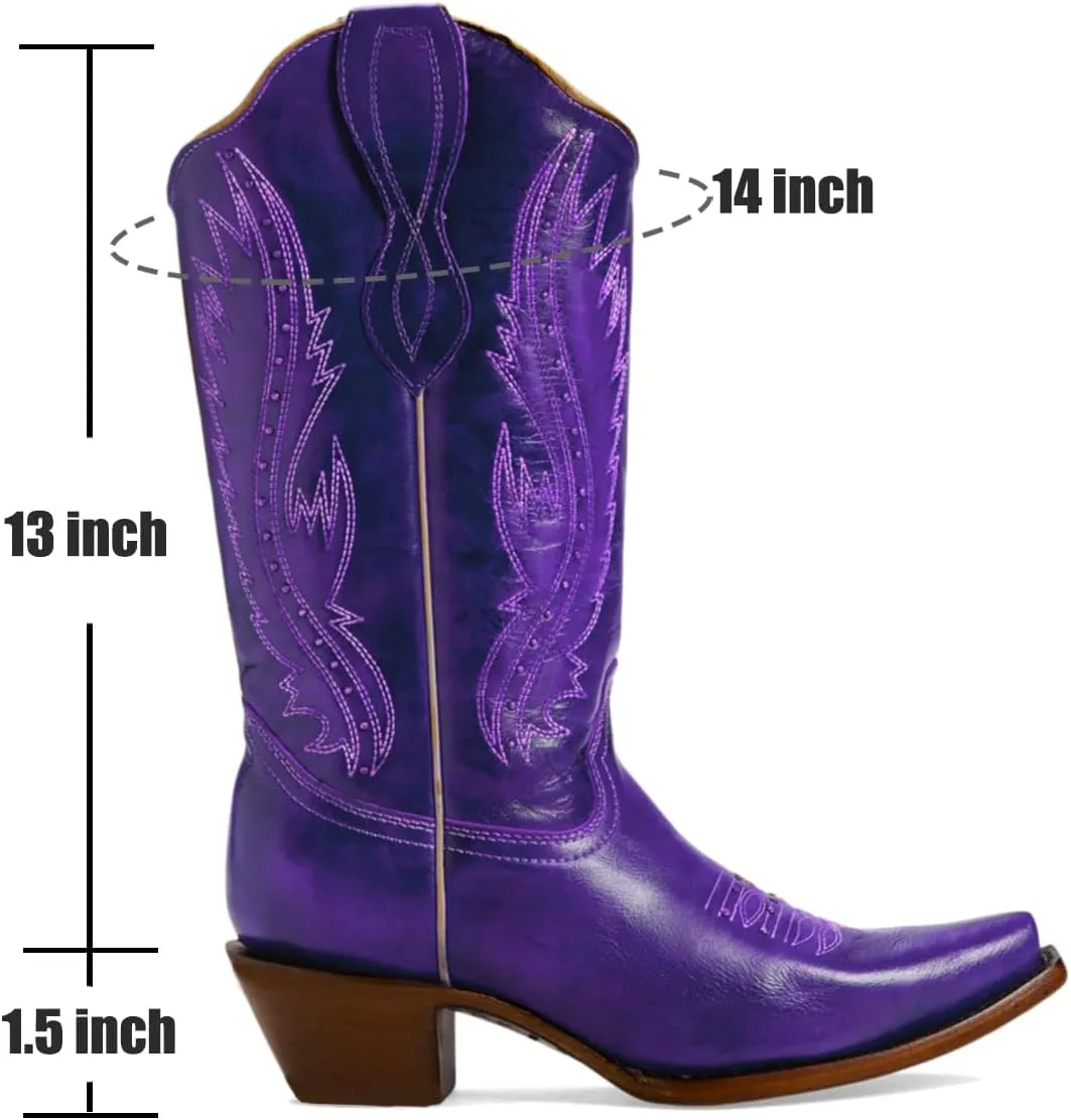 Women Vintage Embroidered Cowboy Boots Knee High Western Boots Chunky Stacked Heel Square Pointed Toe Mid Calf Cowgirl Boots Metallic Matte Pull On V Cut Fall Boot Exotic 4-11 M US
