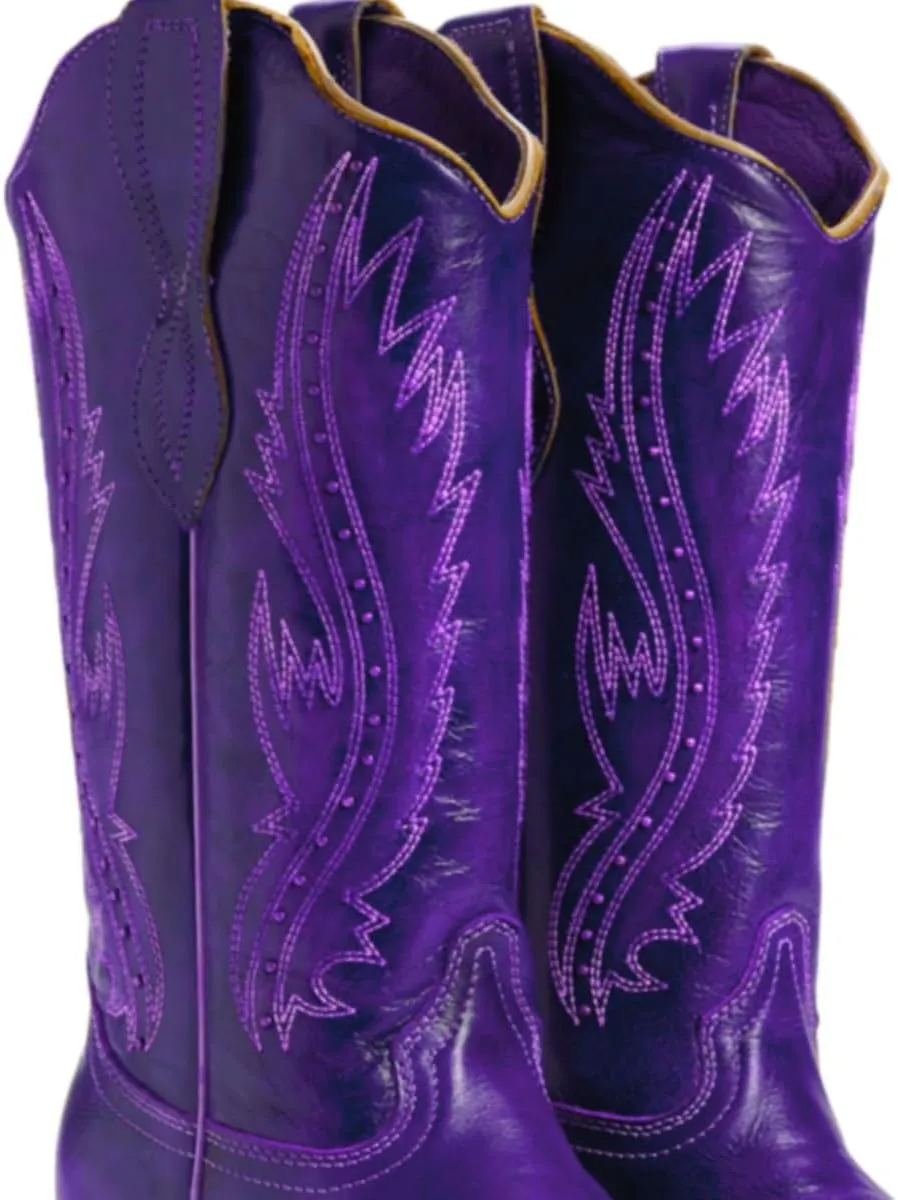 Women Vintage Embroidered Cowboy Boots Knee High Western Boots Chunky Stacked Heel Square Pointed Toe Mid Calf Cowgirl Boots Metallic Matte Pull On V Cut Fall Boot Exotic 4-11 M US