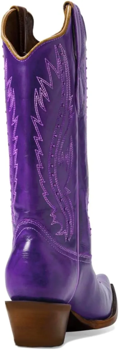 Women Vintage Embroidered Cowboy Boots Knee High Western Boots Chunky Stacked Heel Square Pointed Toe Mid Calf Cowgirl Boots Metallic Matte Pull On V Cut Fall Boot Exotic 4-11 M US