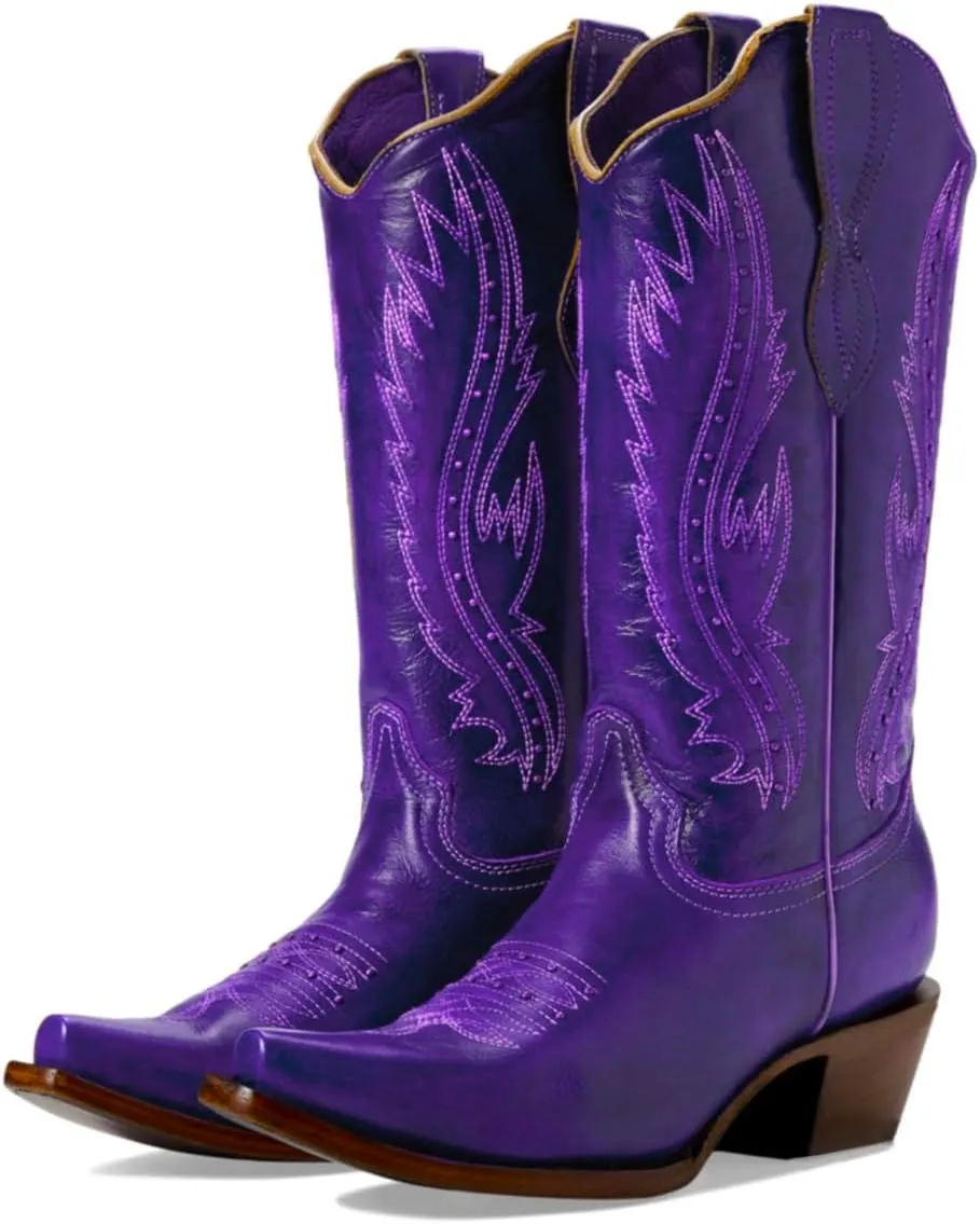 Women Vintage Embroidered Cowboy Boots Knee High Western Boots Chunky Stacked Heel Square Pointed Toe Mid Calf Cowgirl Boots Metallic Matte Pull On V Cut Fall Boot Exotic 4-11 M US