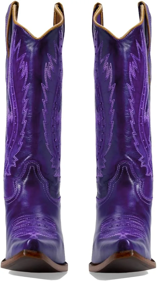 Women Vintage Embroidered Cowboy Boots Knee High Western Boots Chunky Stacked Heel Square Pointed Toe Mid Calf Cowgirl Boots Metallic Matte Pull On V Cut Fall Boot Exotic 4-11 M US