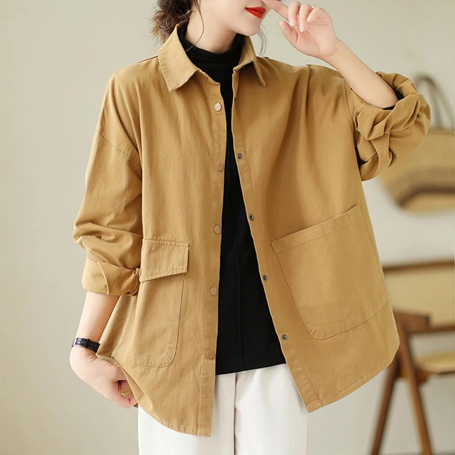 Women's 2024 Cotton Linen V Neck Button Down Shirts Long/Roll Up Sleeve Casual Collared Work Blouse Top with Pockets