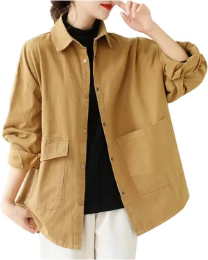 Women's 2024 Cotton Linen V Neck Button Down Shirts Long/Roll Up Sleeve Casual Collared Work Blouse Top with Pockets
