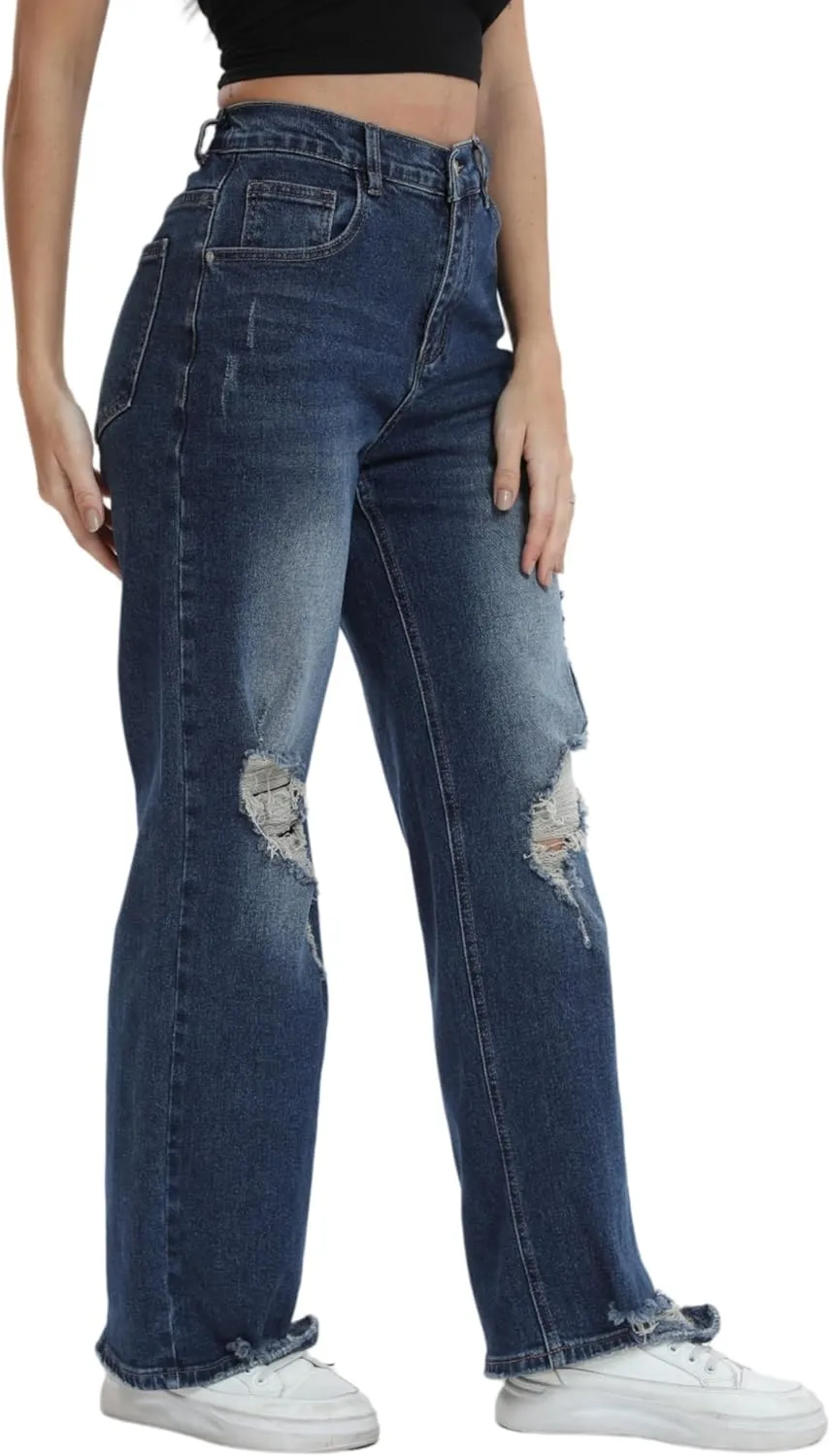 Women’s Baggy Wide Leg Distressed High Waisted Boyfriend Jeans Loose Denim Pant