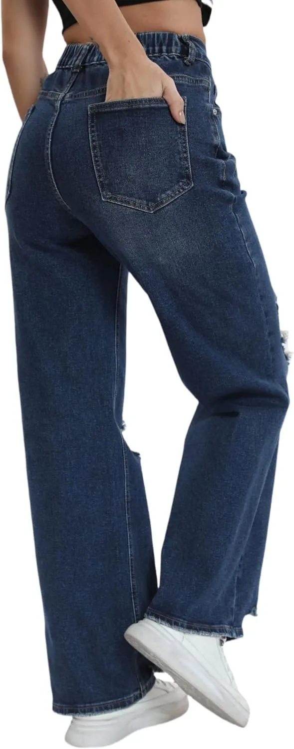 Women’s Baggy Wide Leg Distressed High Waisted Boyfriend Jeans Loose Denim Pant