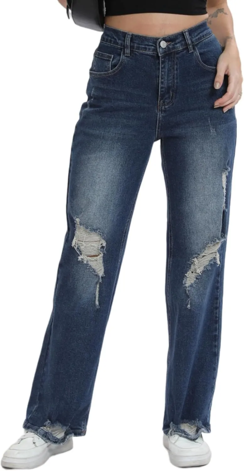 Women’s Baggy Wide Leg Distressed High Waisted Boyfriend Jeans Loose Denim Pant