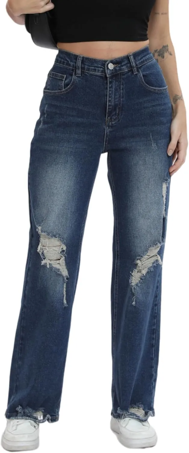 Women’s Baggy Wide Leg Distressed High Waisted Boyfriend Jeans Loose Denim Pant