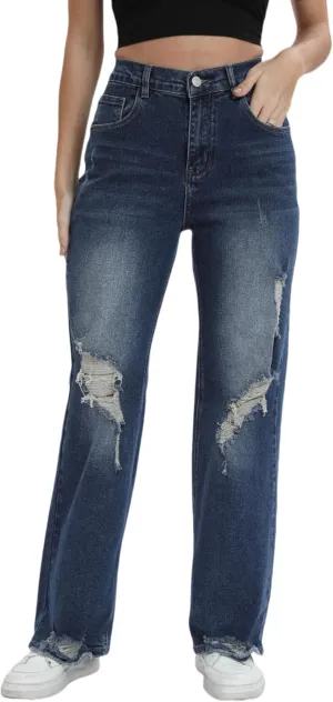 Women’s Baggy Wide Leg Distressed High Waisted Boyfriend Jeans Loose Denim Pant