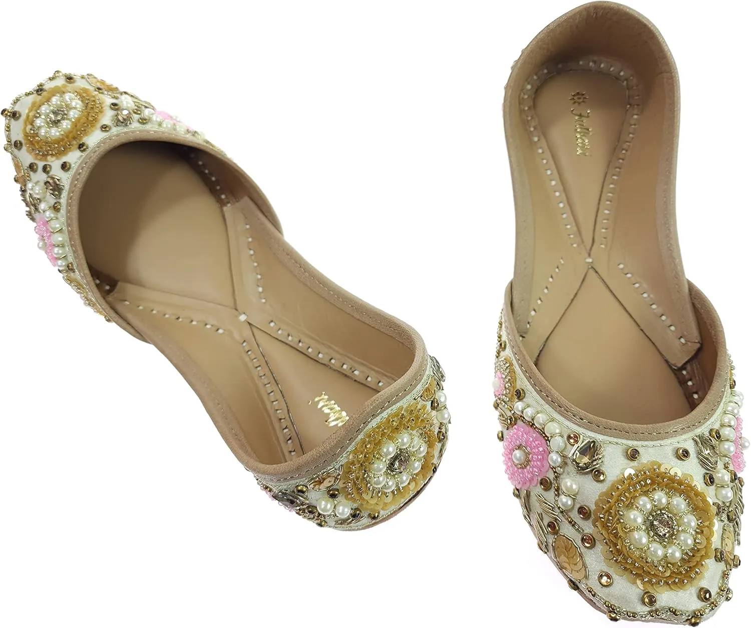 Women's Bergenia Gold Genuine Soft Leather Embroidered Jutis | Bite and Pinch Free Jutti | Punjabi Formal Juttis | Girl's Wedding Flat Ladies Mojari | Formal Ethnic Juti |