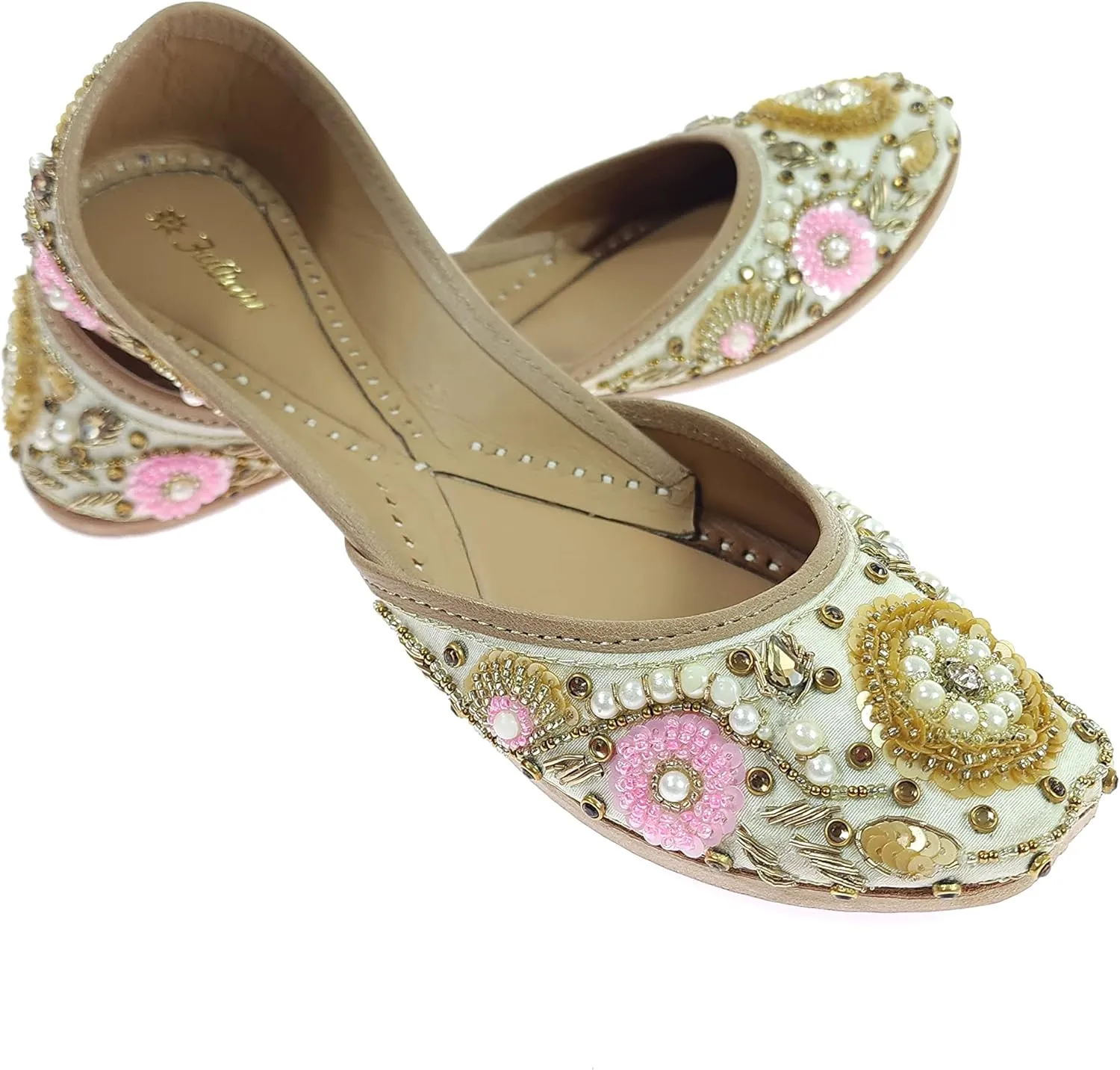 Women's Bergenia Gold Genuine Soft Leather Embroidered Jutis | Bite and Pinch Free Jutti | Punjabi Formal Juttis | Girl's Wedding Flat Ladies Mojari | Formal Ethnic Juti |