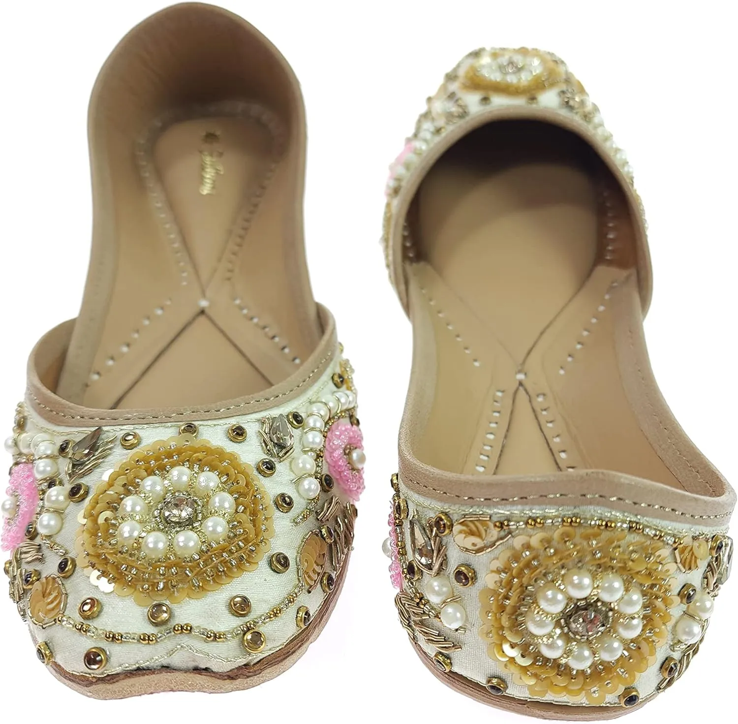 Women's Bergenia Gold Genuine Soft Leather Embroidered Jutis | Bite and Pinch Free Jutti | Punjabi Formal Juttis | Girl's Wedding Flat Ladies Mojari | Formal Ethnic Juti |