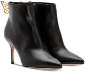 Womens Black Butterfly Embellished Padded Mariposa Pointed Toe Stiletto Zip-Up Leather Booties 36