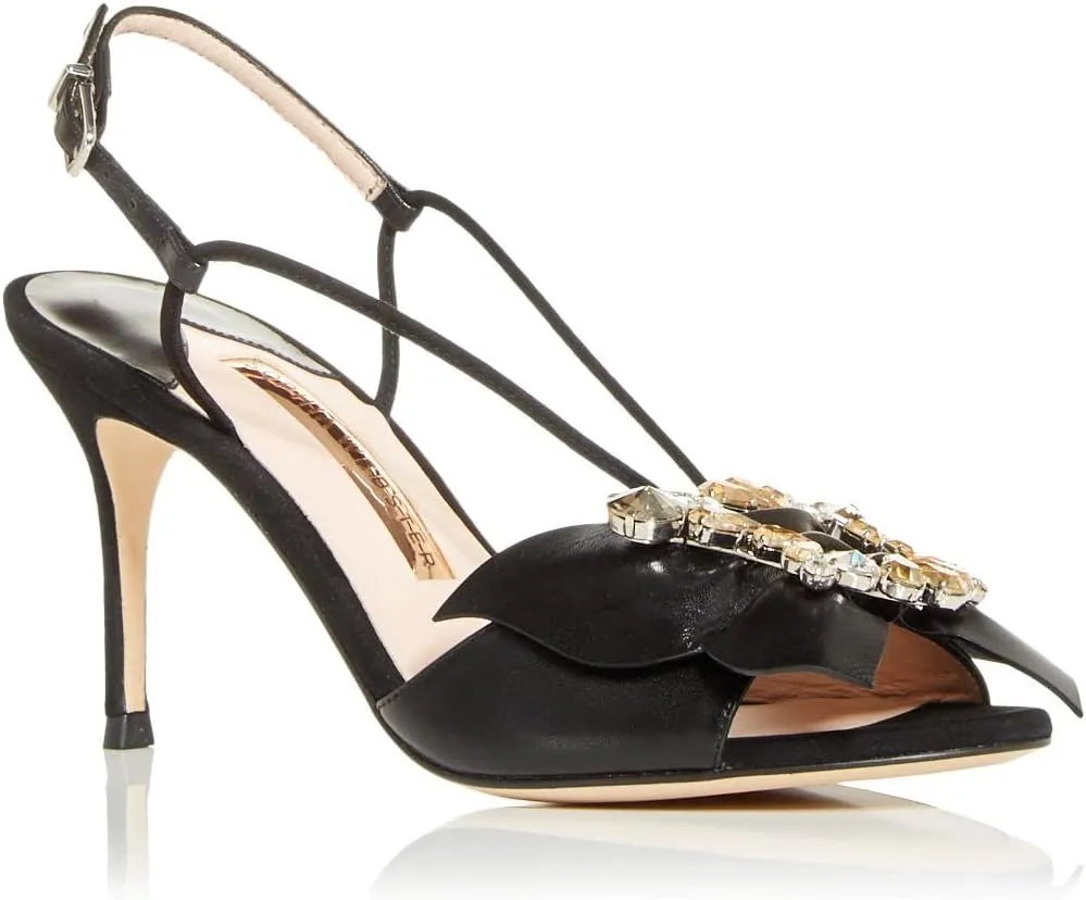 Womens Black Butterfly Padded Rhinestones Embellished Strappy Margaux Round Toe Stiletto Buckle Leather Dress Sandals Shoes 38.5