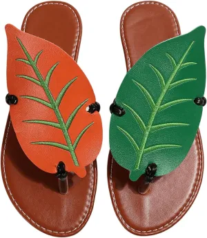 Women's Boho Leaf Appliques Thong Sandals Open Toe Outdoor Flip Flops Casual Slippers