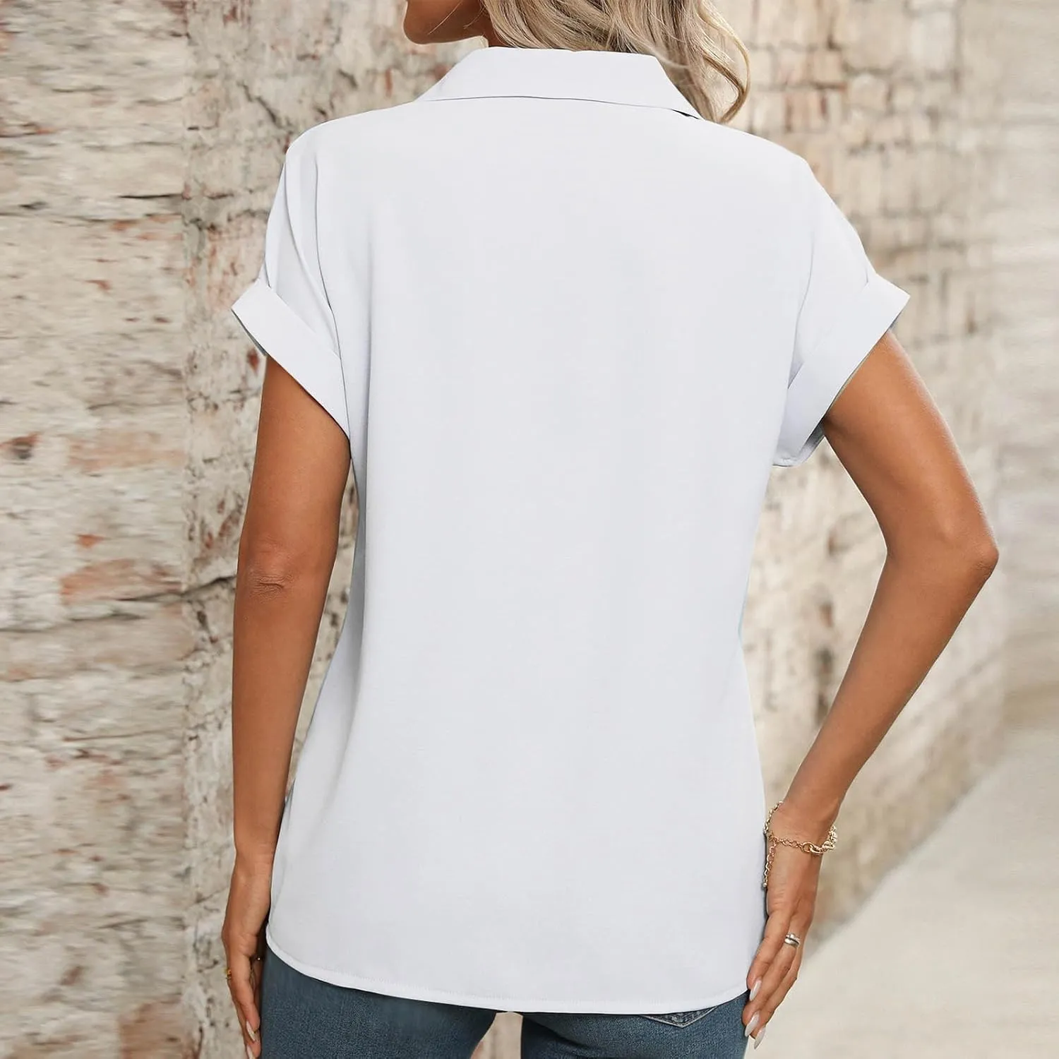Womens Business Casual Blouses Summer Fashion Roll Up Short Sleeve Lapel Tees Tops Loose Fit Elegant Trendy Blouses