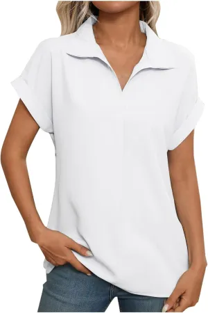 Womens Business Casual Blouses Summer Fashion Roll Up Short Sleeve Lapel Tees Tops Loose Fit Elegant Trendy Blouses
