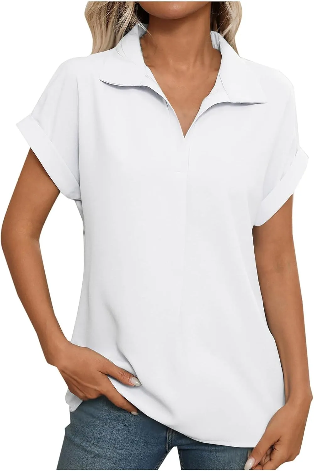 Womens Business Casual Blouses Summer Fashion Roll Up Short Sleeve Lapel Tees Tops Loose Fit Elegant Trendy Blouses