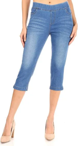 Women's Capri Jeans Skinny Jeggings Pull-On Denim Capris Pants with Pockets Regular & Plus Size