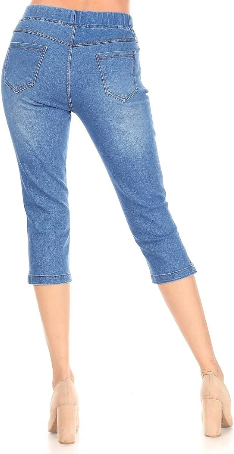 Women's Capri Jeans Skinny Jeggings Pull-On Denim Capris Pants with Pockets Regular & Plus Size