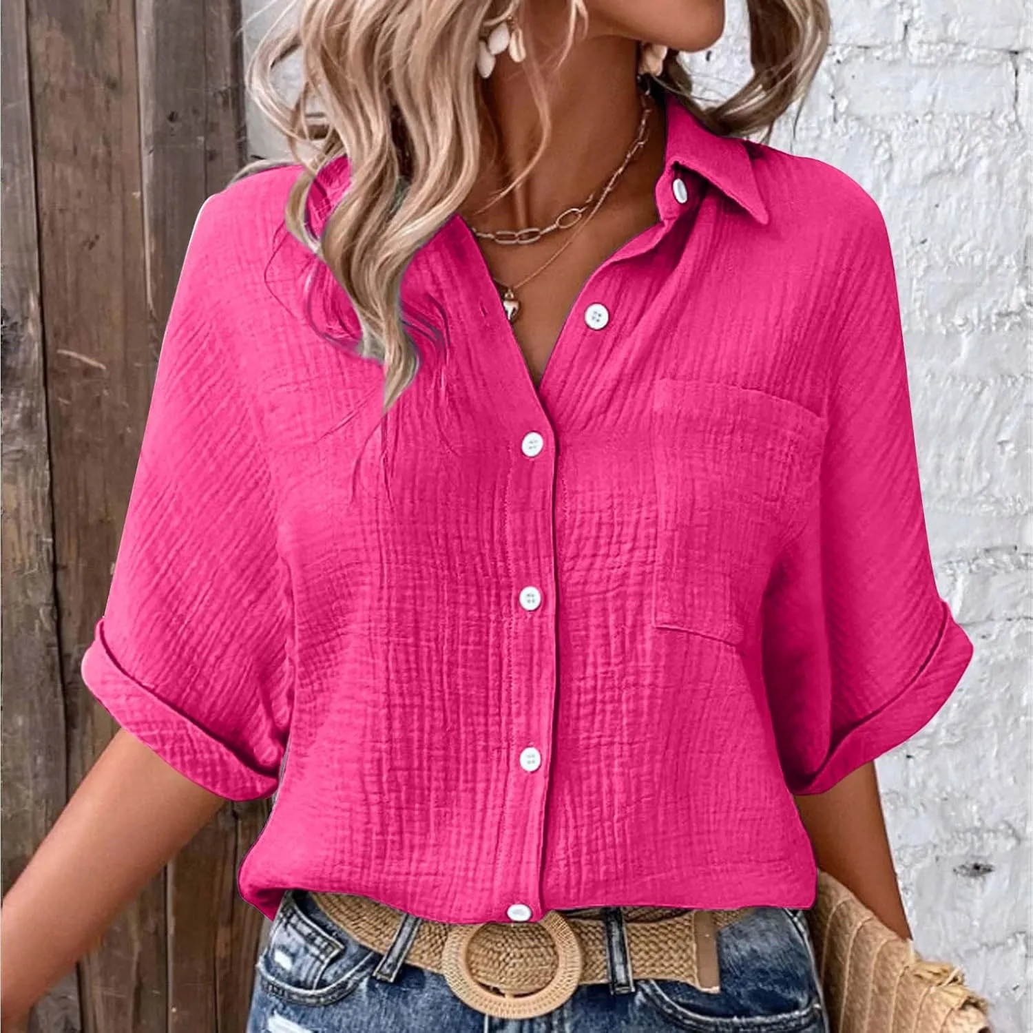 Womens Cotton Button Down Shirt Rolled Cuffed Short Sleeve Blouse Ladies Summer Casual V Neck Beach Cotton Tops