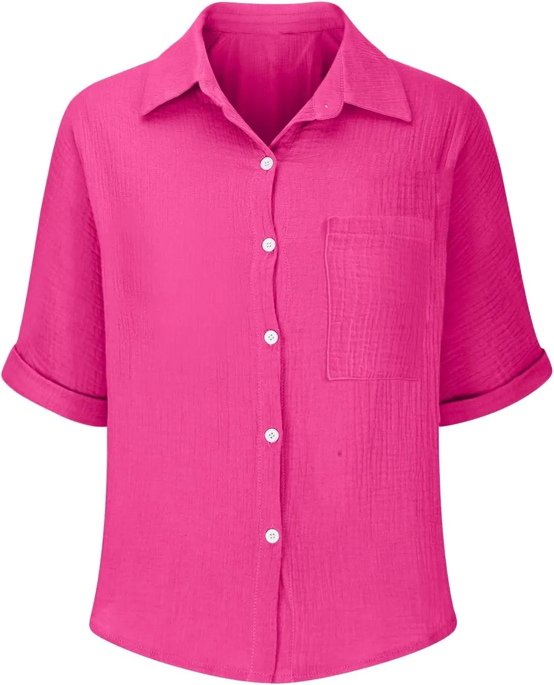 Womens Cotton Button Down Shirt Rolled Cuffed Short Sleeve Blouse Ladies Summer Casual V Neck Beach Cotton Tops