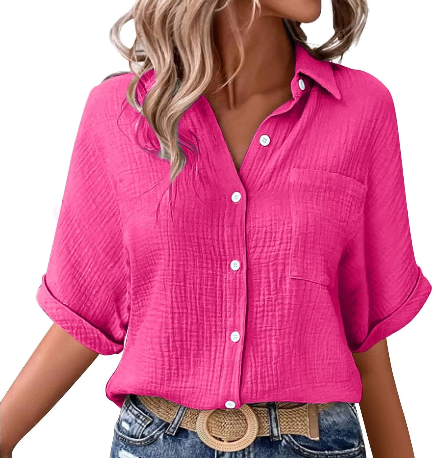 Womens Cotton Button Down Shirt Rolled Cuffed Short Sleeve Blouse Ladies Summer Casual V Neck Beach Cotton Tops