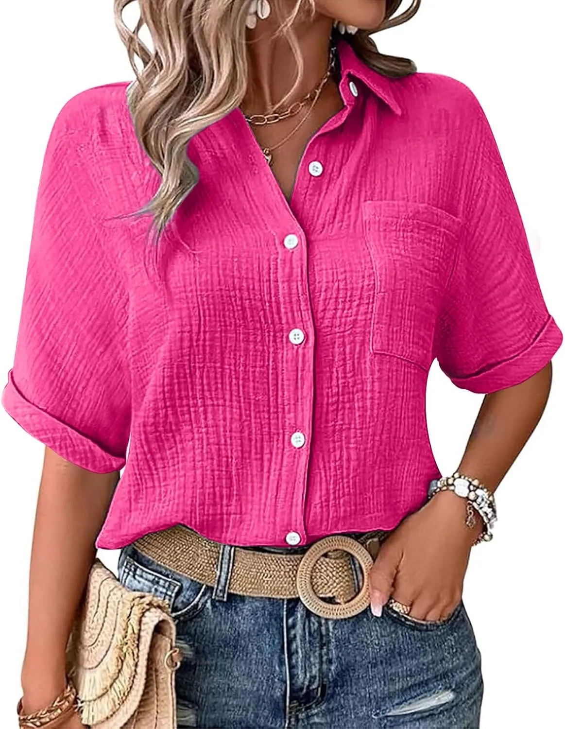 Womens Cotton Button Down Shirt Rolled Cuffed Short Sleeve Blouse Ladies Summer Casual V Neck Beach Cotton Tops