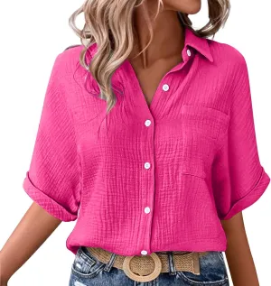 Womens Cotton Button Down Shirt Rolled Cuffed Short Sleeve Blouse Ladies Summer Casual V Neck Beach Cotton Tops