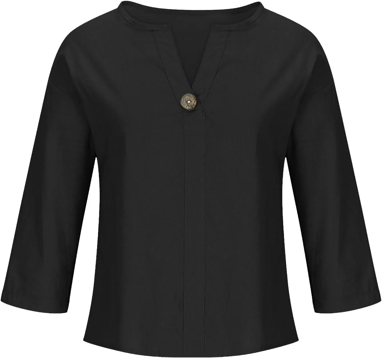 Women's Cotton Linen Casual Shirts Button Down V Neck Roll Up 3/4 Sleeve Tops Summer Fashion Loose Fit Blouses
