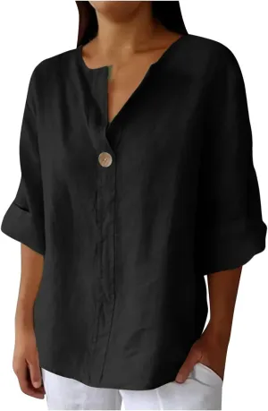 Women's Cotton Linen Casual Shirts Button Down V Neck Roll Up 3/4 Sleeve Tops Summer Fashion Loose Fit Blouses