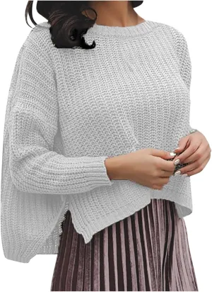 Women's Cropped Sweaters Crewneck Long Sleeve Split Hem Knitted Fall Sweater 2023 Lightweight Cute Knitwear Pullover