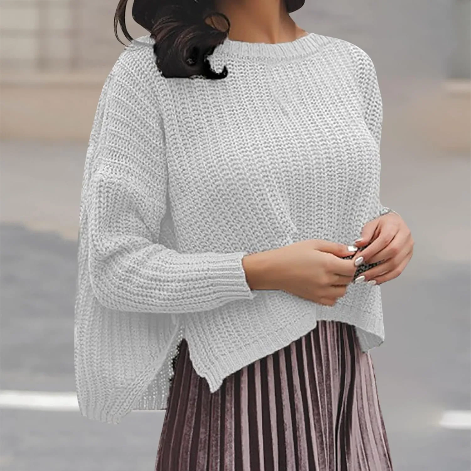 Women's Cropped Sweaters Crewneck Long Sleeve Split Hem Knitted Fall Sweater 2023 Lightweight Cute Knitwear Pullover