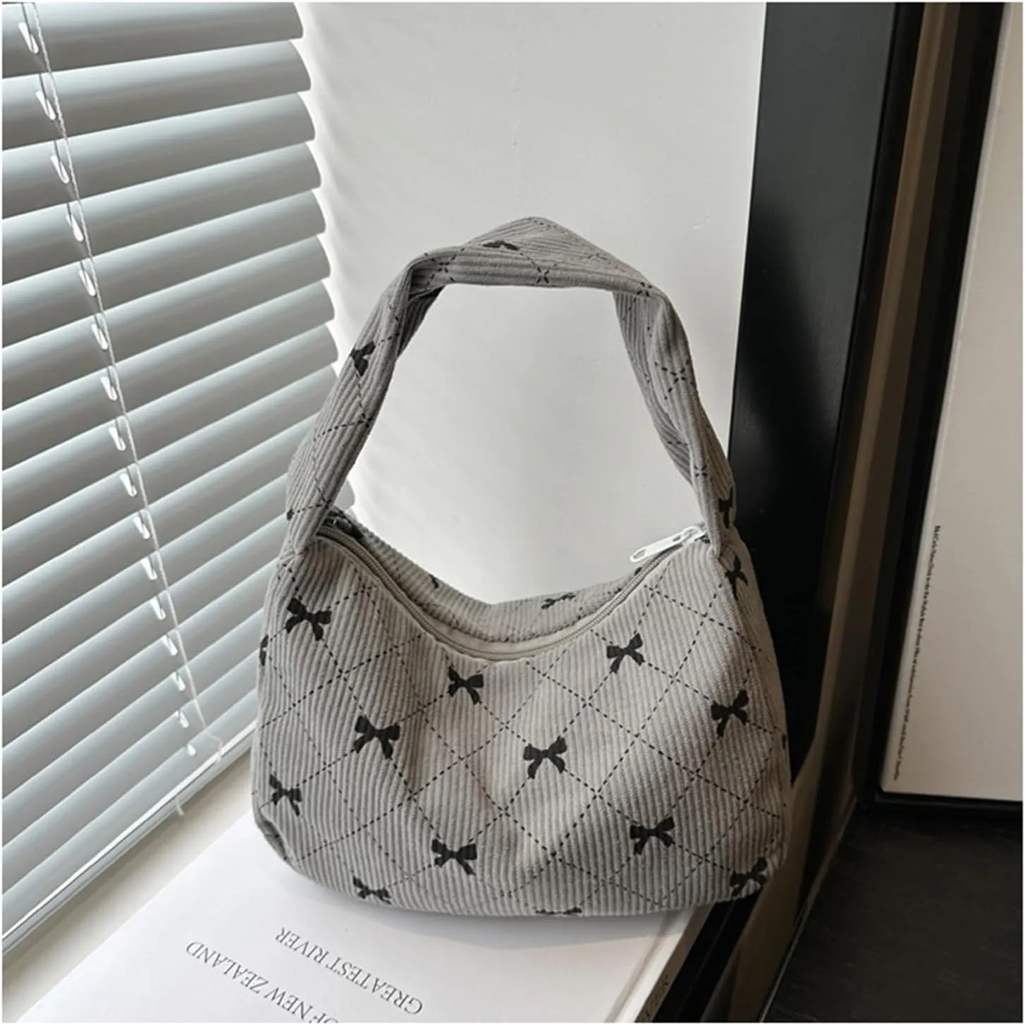 Women's Cute Bow Print Tote Shoulder Bag Small Corduroy Underarm Bag Trendy Handbag Wallet Travel Bag