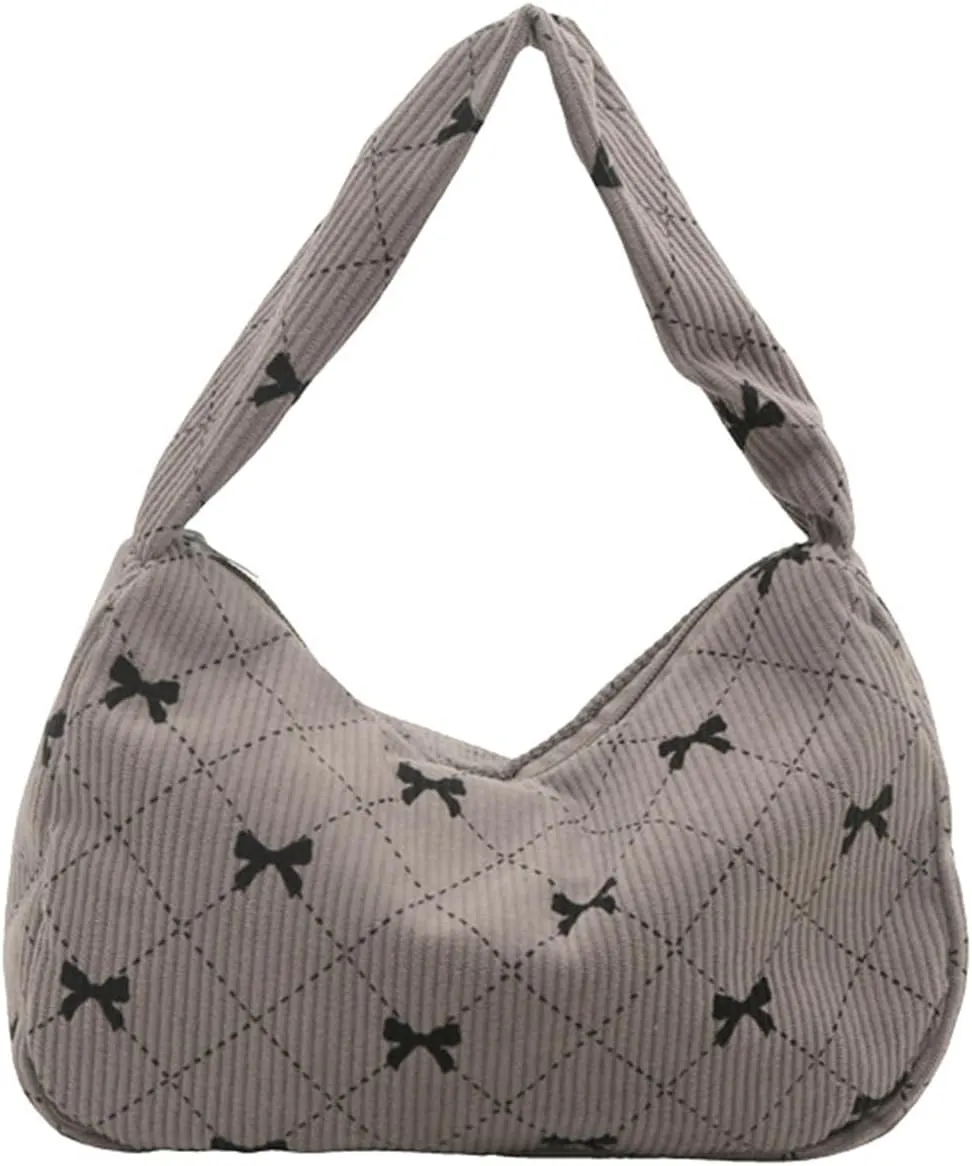 Women's Cute Bow Print Tote Shoulder Bag Small Corduroy Underarm Bag Trendy Handbag Wallet Travel Bag