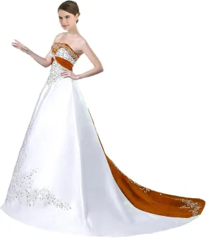 Women's Embroidered Satin Wedding Dresses Vintage A Line Strapless Corset Back Bridal Gowns with Train